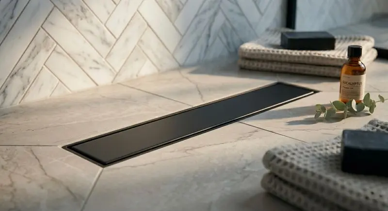 Caniveau de douche Vogi Duo 60 noir mat intégré dans une douche